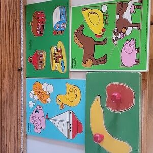 VINTAGE WOODEN PUZZLES 4 BUNDLE PLAYSKOOL CONNOR TOY ANIMALS BUILDINGS FRUIT